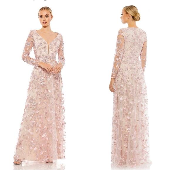 Mac Duggal 70224 Pink Floral Appliqué Long Sleeve Illusion Gown size 8 NWT - Picture 1 of 7